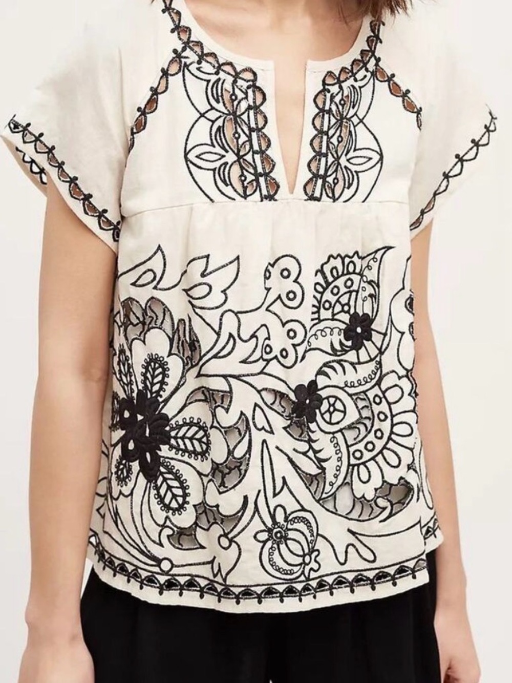 Anthropologie Cream Blouse with Black Embroidered Floral Design